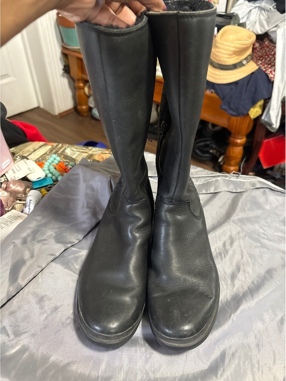 Ugg waterproof tall leather wool boots black buckle winter snow